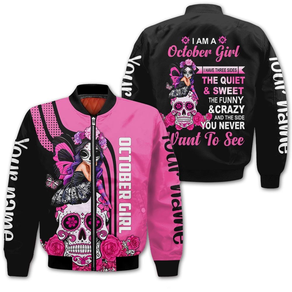 Personalized Name Birthday Outfit October Girl Sugar Skull Pink Love Style Birthday Shirt For Women TO2803