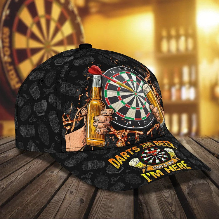 Personalized Dart & Beer I'm Here 3D Baseball Cap, Dart Hat for Man Dart Lovers, 3D All Over Printed Dart Hat for Husband CO0018