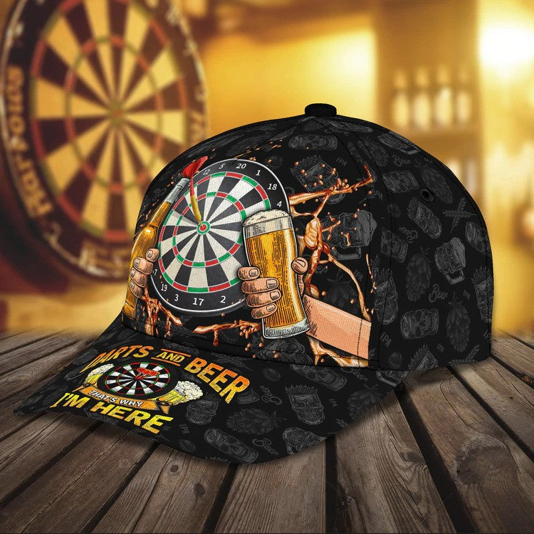 Personalized Dart & Beer I'm Here 3D Baseball Cap, Dart Hat for Man Dart Lovers, 3D All Over Printed Dart Hat for Husband CO0018