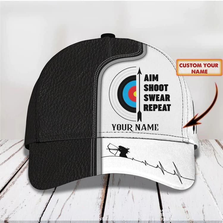 Personalized Aim Shoot Swear Repeat 3D Classic Cap for Archer, Funny Archery hat for Man SO0061