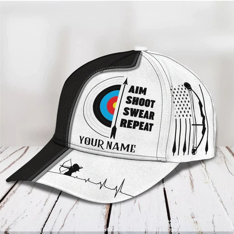 Personalized Aim Shoot Swear Repeat 3D Classic Cap for Archer, Funny Archery hat for Man SO0061