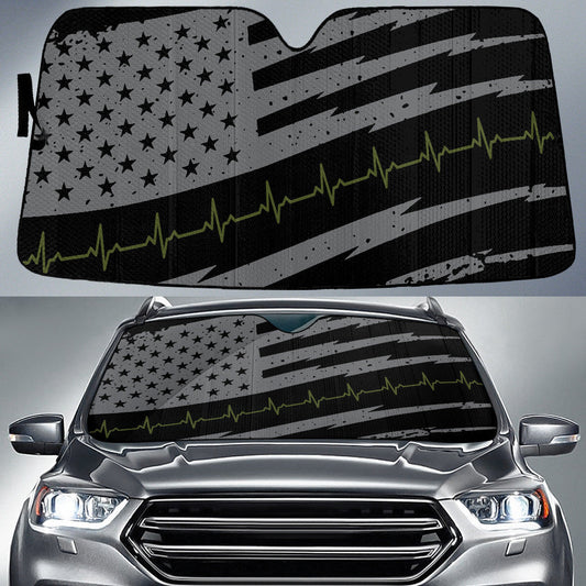 Vintage Grey Black American Flag And Heartbeat Printed Car Sun Shades Cover Auto Windshield Lasfour SO0060