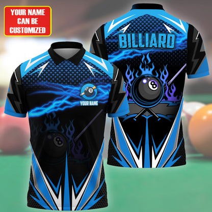 3D All Over Print Billiard Blue Fire Polo Shirt, Thunder Sport Billiard Shirt, Gift for Him SO0711