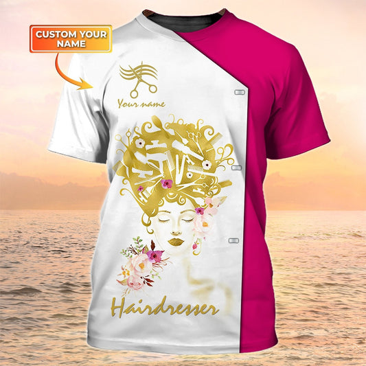 Women Hairdresser Shirt Custom Hair Salon Uniform Shirt Hairstylist Tshirt Pink & White TO2119