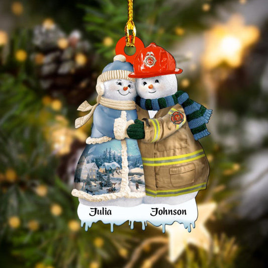 Personalized Firefighter Snowman Couple Ornament for Fireman, Firefighter Christmas Acrylic Ornament for Husband OO3754