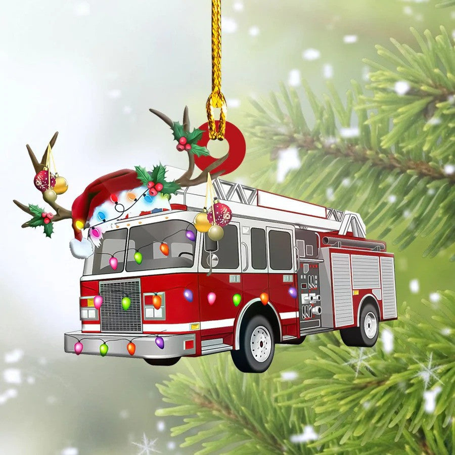 Firefighter Truck Christmas Ornament for Fireman, Flat Acrylic Ornament for Firefighter OO3748