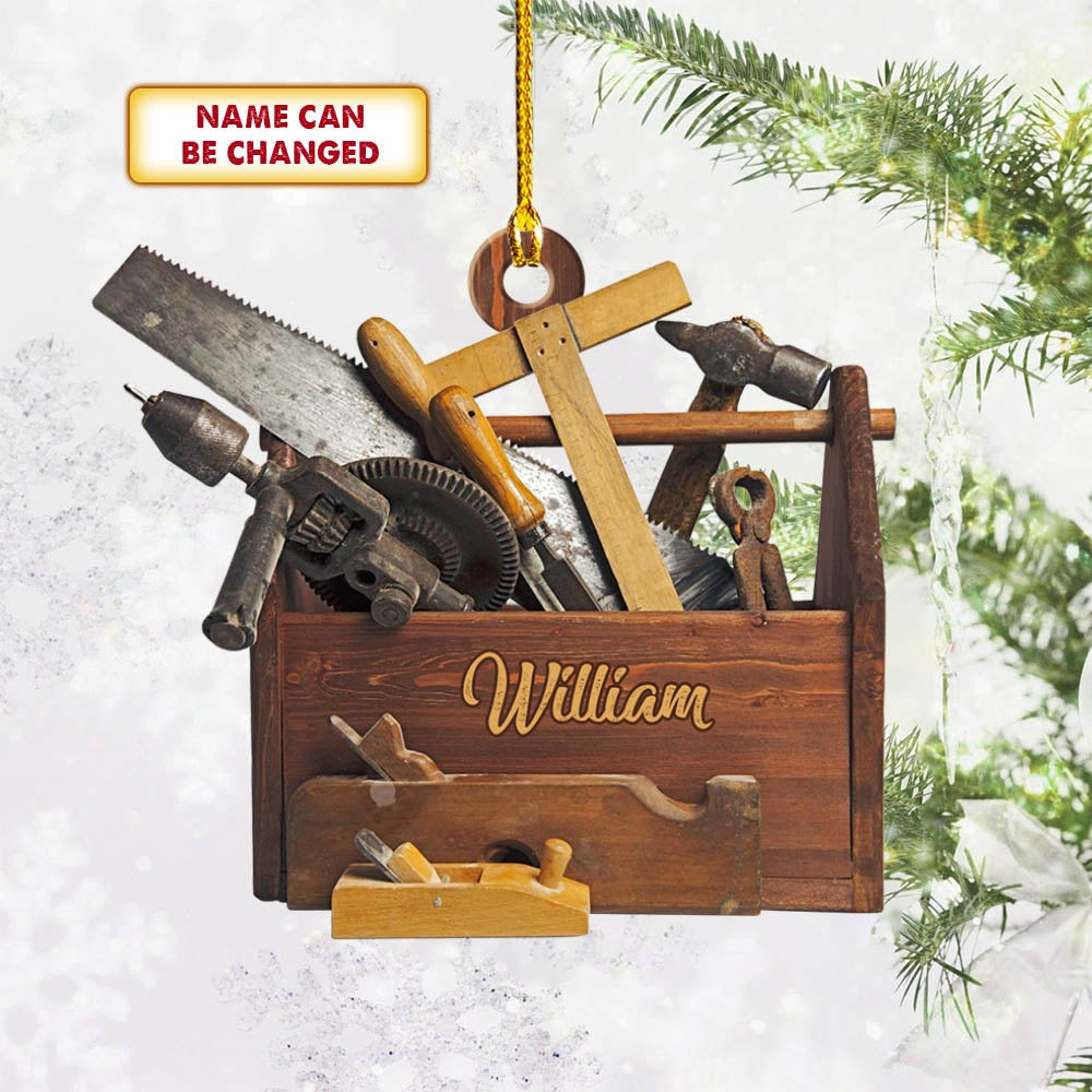 Personalized Carpenter Ornament Tool Box With Name Shaped Acrylic Ornament OO3636