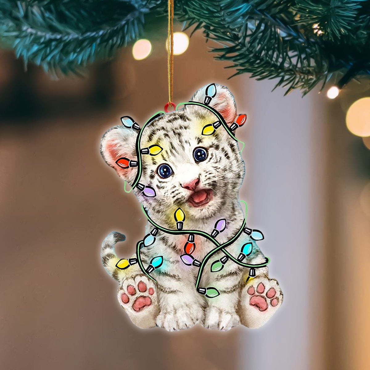 White Tiger Christmas Light Hanging Flat Acrylic Ornament OO3472