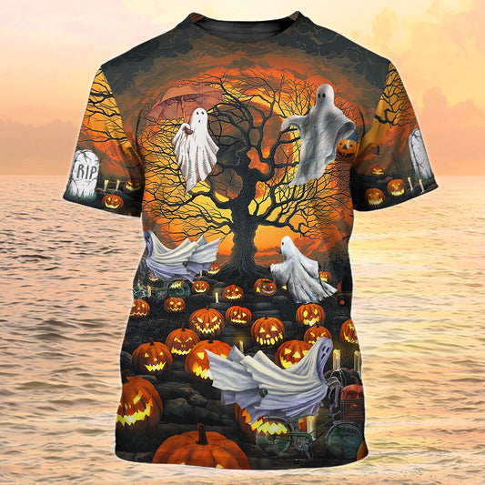 3D All Over Print Ghost And Pumpkin Halloween Shirt Ghost Flying Halloween Tshirt TO1979