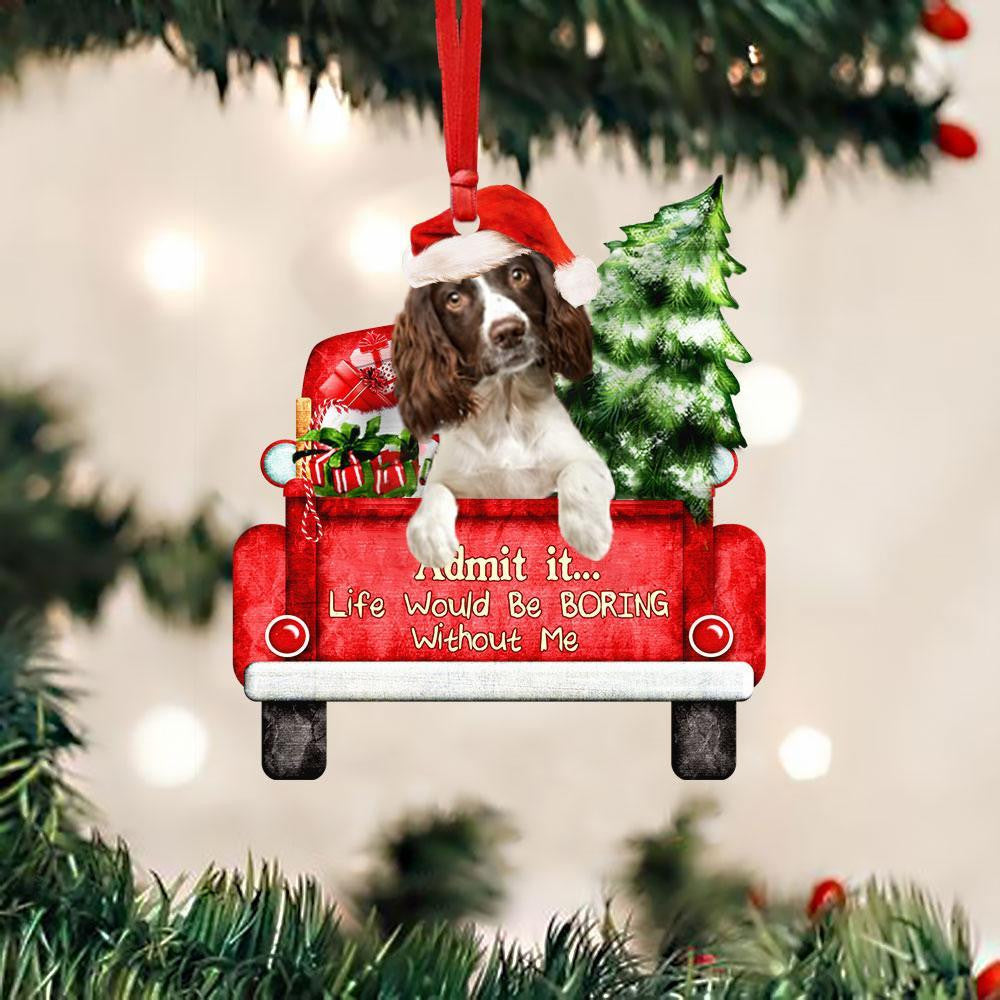 English Springer Spaniel On The Red Truck Acrylic Christmas Ornament SO1251