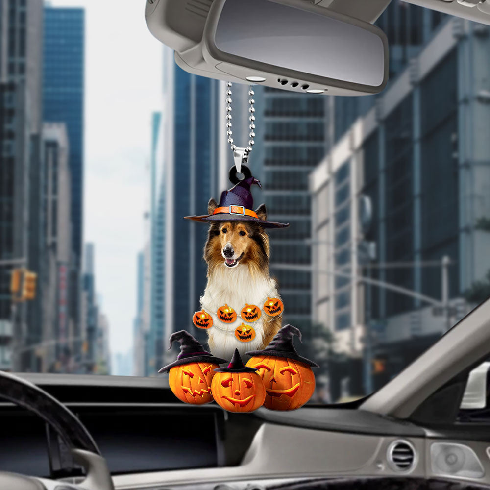 Rough Collie Halloween Pumpkin Scary Car Ornament OO1325