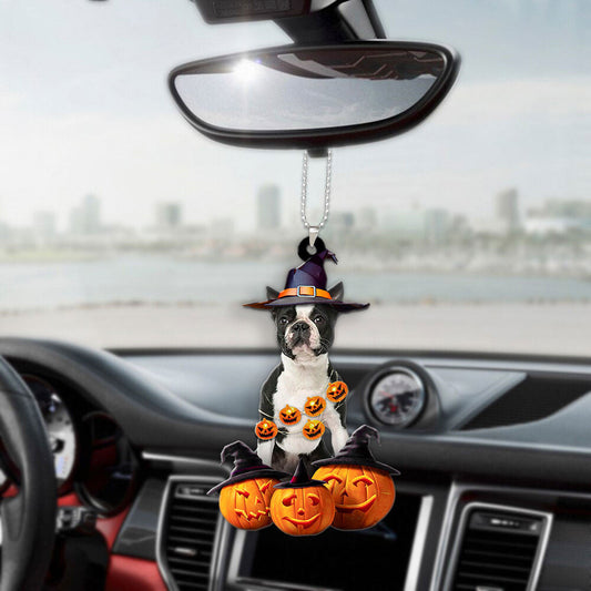 Boston Terrier Dog Halloween Pumpkin Scary Car Ornament SO1511