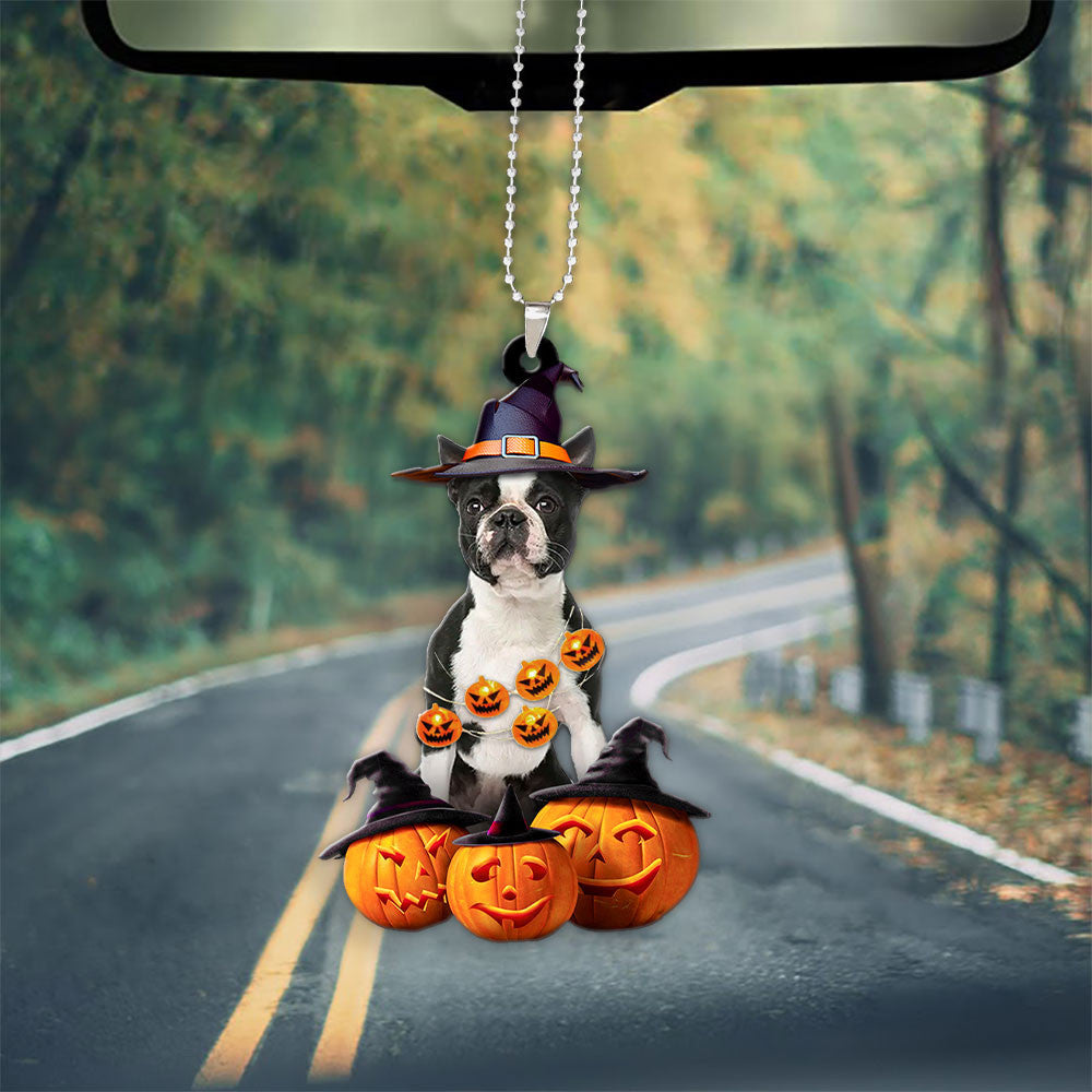 Boston Terrier Dog Halloween Pumpkin Scary Car Ornament SO1511