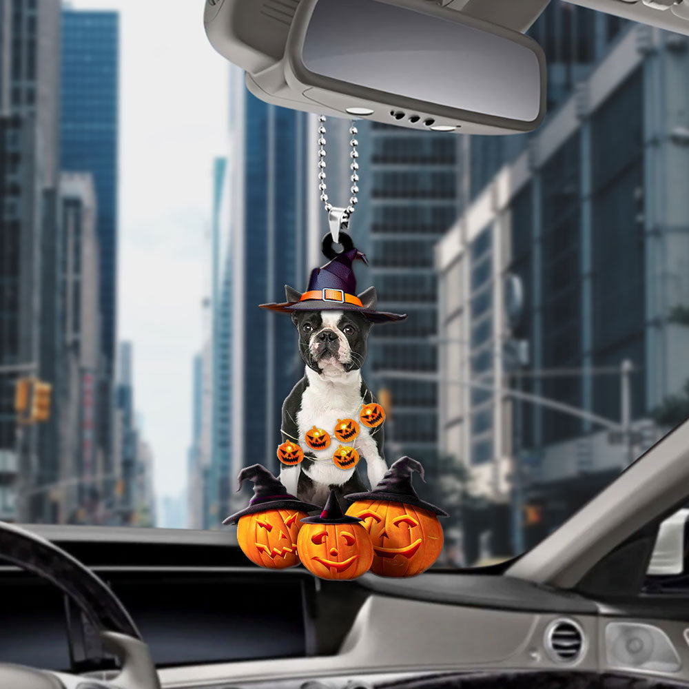 Boston Terrier Dog Halloween Pumpkin Scary Car Ornament SO1511