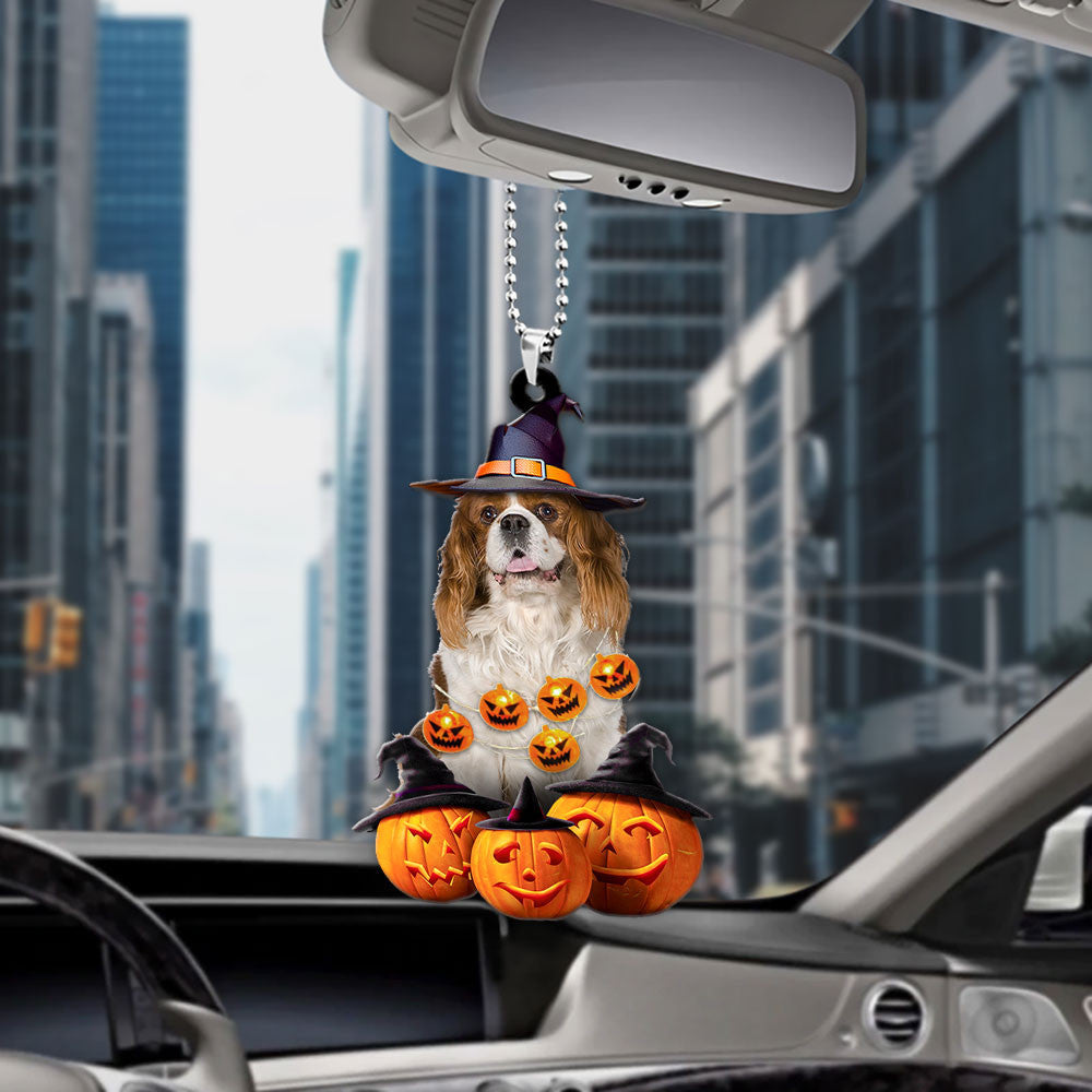 Cavalier King Charles Spaniel Dog Halloween Pumpkin Scary Car Ornament OO1291