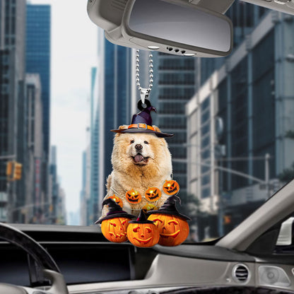 Chow Chow Dog Halloween Pumpkin Scary Car Ornament OO1294