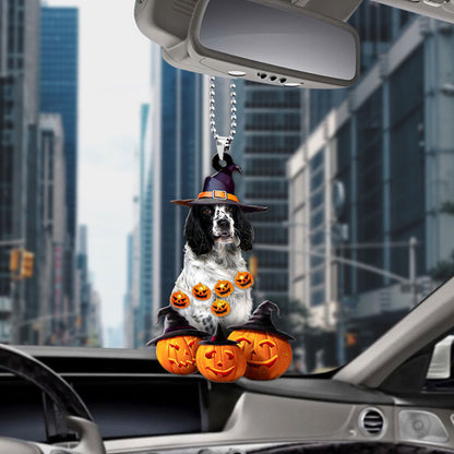 English Springer Spaniel Dog Halloween Pumpkin Scary Car Ornament OO1301