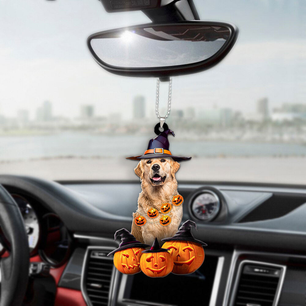 Golden Retriever Dog Halloween Pumpkin Scary Car Ornament OO1267