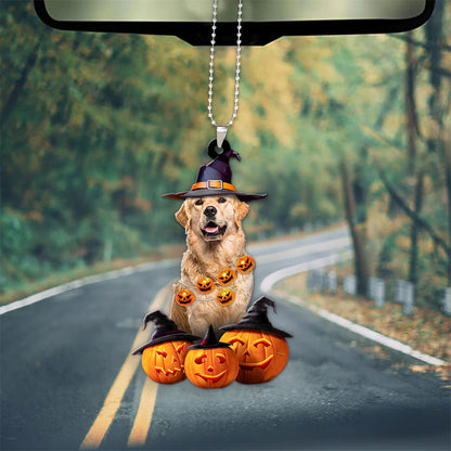 Golden Retriever Dog Halloween Pumpkin Scary Car Ornament OO1267