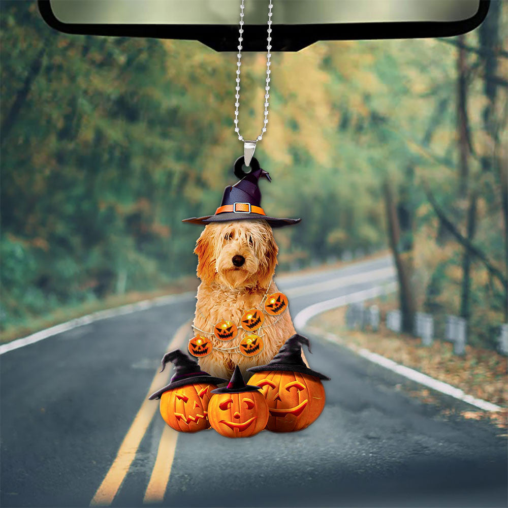 Goldendoodle Dog Halloween Pumpkin Scary Car Ornament OO1302