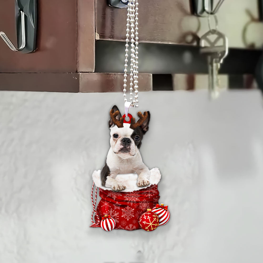 Boston Terrier In Snow Pocket Christmas Car Hanging Ornament Lasfour Ornaments OO1201