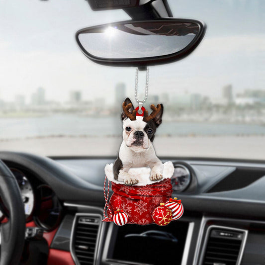 Boston Terrier In Snow Pocket Christmas Car Hanging Ornament Lasfour Ornaments OO1201