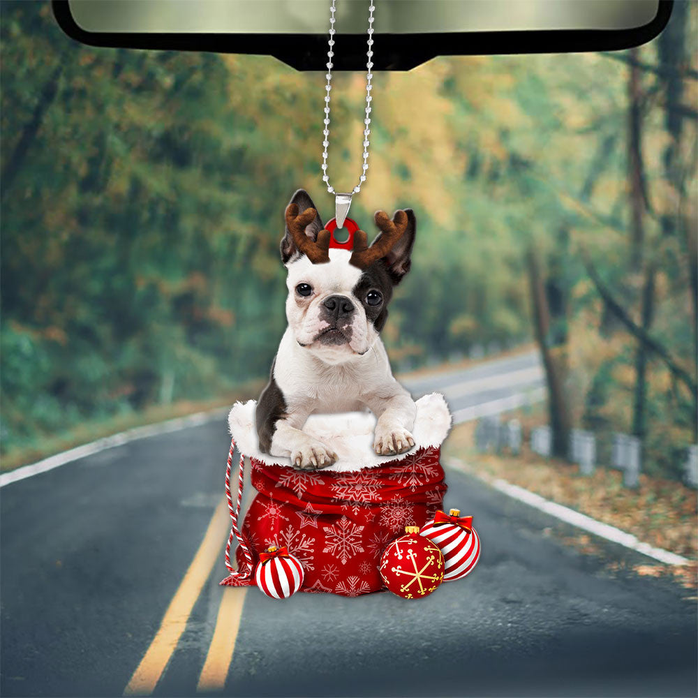 Boston Terrier In Snow Pocket Christmas Car Hanging Ornament Lasfour Ornaments OO1201