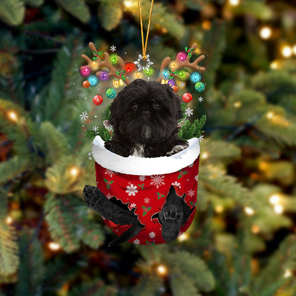 Black Shih Tzu In Snow Pocket Christmas Ornament Flat Acrylic Dog Ornament SO1231