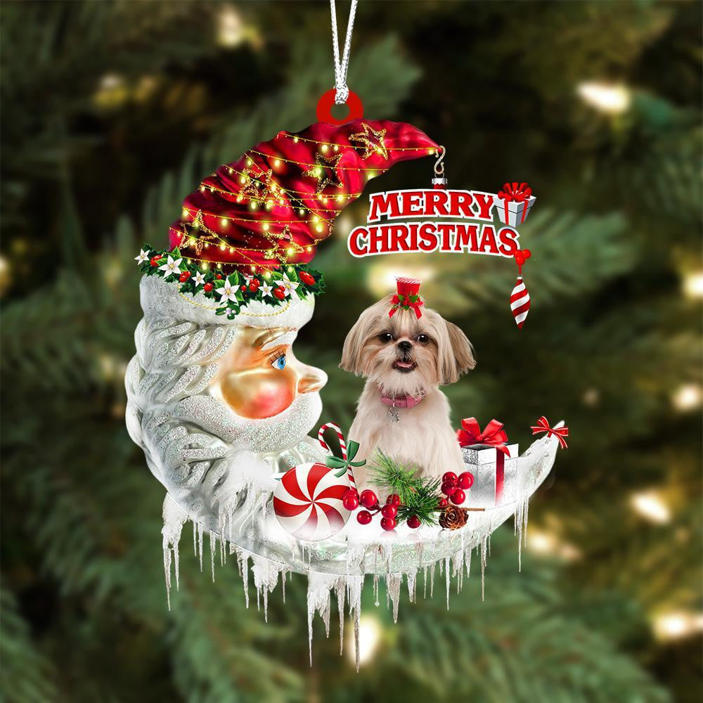 Shih Tzu On The Moon Merry Christmas Hanging Ornament Flat Acrylic Dog Ornament SO1228