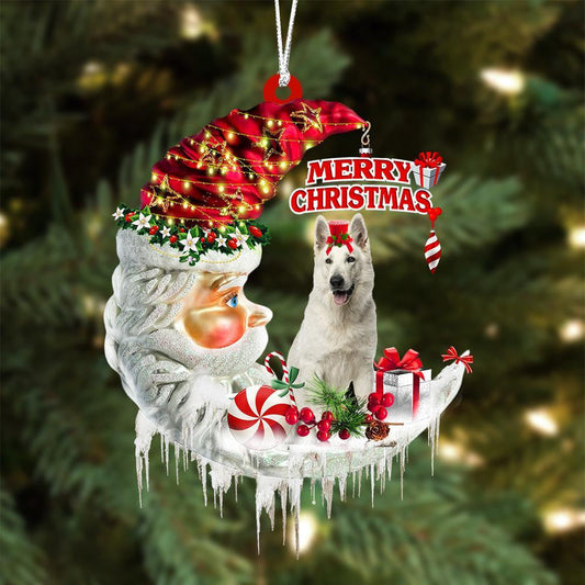 White German Shepherd On The Moon Merry Christmas Hanging Ornament Flat Acrylic Dog Ornament OO2100