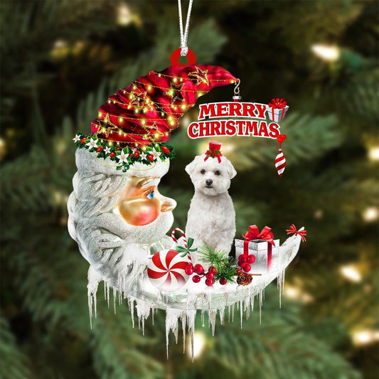 Maltese On The Moon Merry Christmas Hanging Ornament Flat Acrylic Dog Ornament OO2095