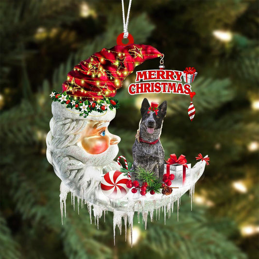 Blue Heeler On The Moon Merry Christmas Hanging Ornament Flat Acrylic Dog Ornament OO2094