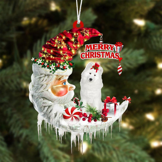 Samoyed On The Moon Merry Christmas Hanging Ornament Flat Acrylic Dog Ornament OO2093