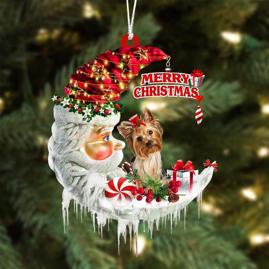 Yorkshire Terrier On The Moon Merry Christmas Hanging Ornament Flat Acrylic Dog Ornament OO2085