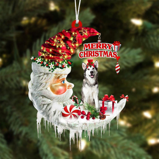 Alaskan Malamute On The Moon Merry Christmas Hanging Ornament Flat Acrylic Dog Ornament OO2082