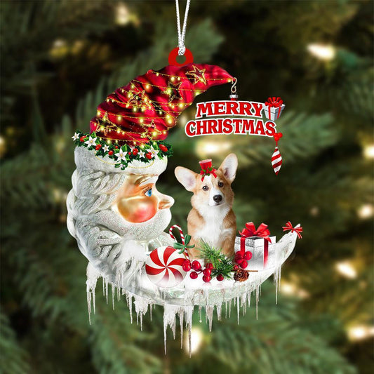 Corgi On The Moon Merry Christmas Hanging Ornament Flat Acrylic Dog Ornament OO2076