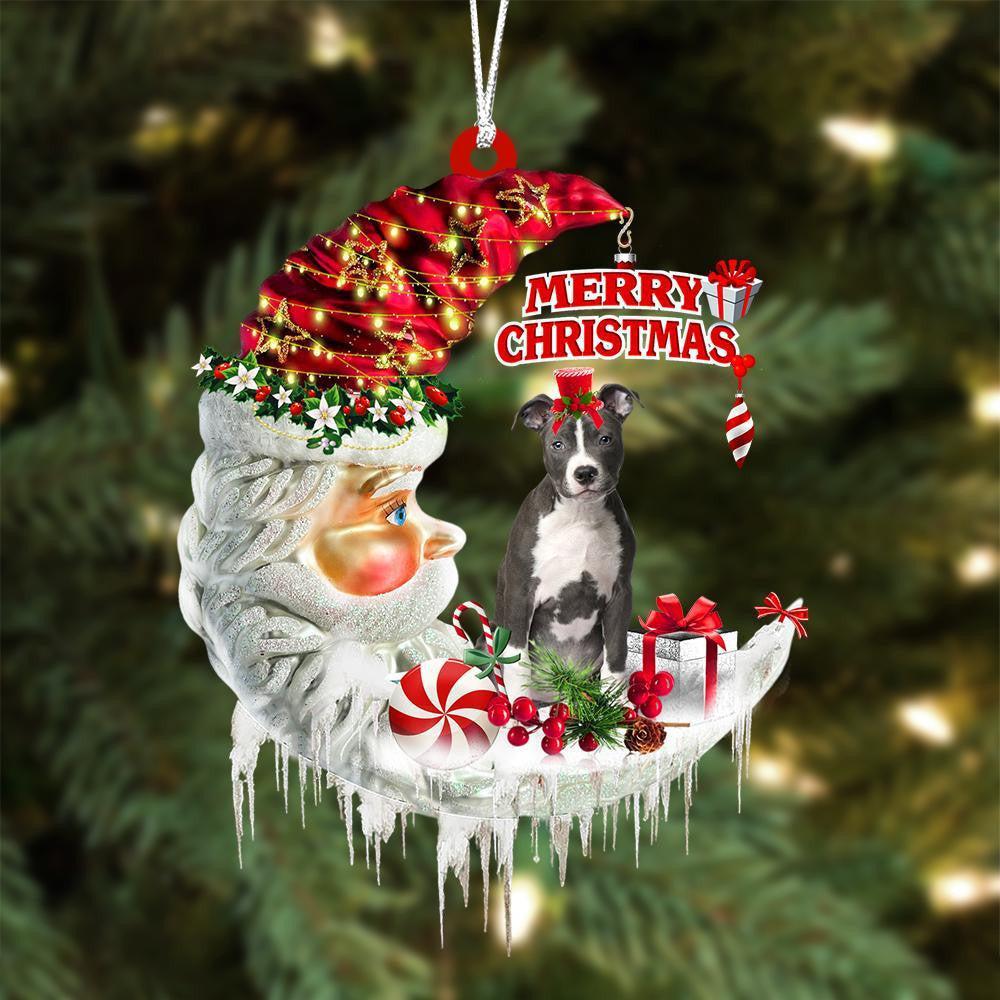 Pit Bull On The Moon Merry Christmas Hanging Ornament Flat Acrylic Dog Ornament OO2053