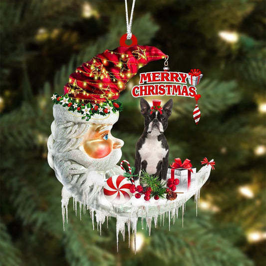 Boston Terrier On The Moon Merry Christmas Hanging Ornament Flat Acrylic Dog Ornament OO2051