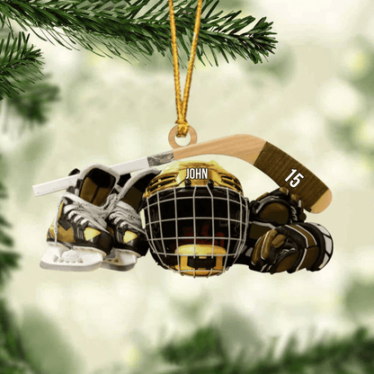 Personalized Hockey Skates Helmet And Stick Christmas Ornament, Flat Acrylic Ornament - Gift For Hockey Lover SO0733