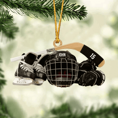 Personalized Hockey Skates Helmet And Stick Christmas Ornament, Flat Acrylic Ornament - Gift For Hockey Lover SO0733