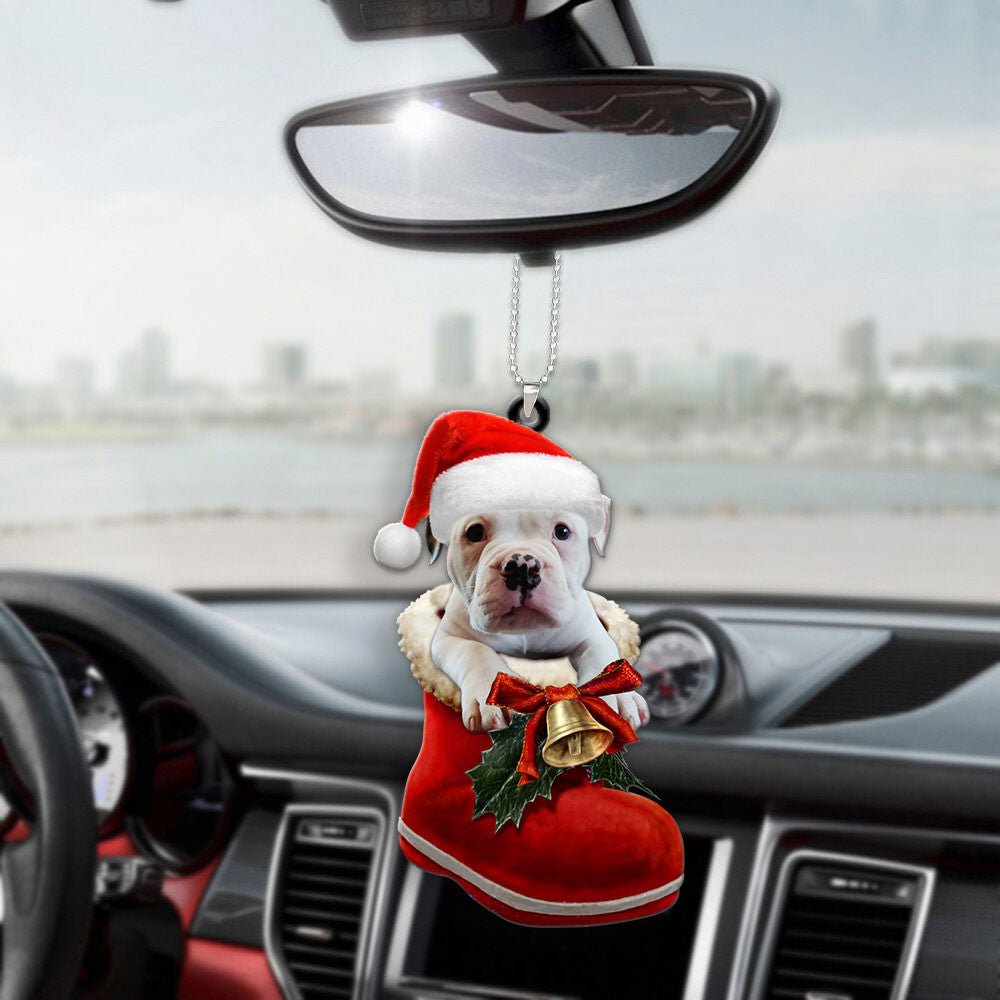 American Bulldog In Santa Boot Christmas Car Hanging Ornament OO1337