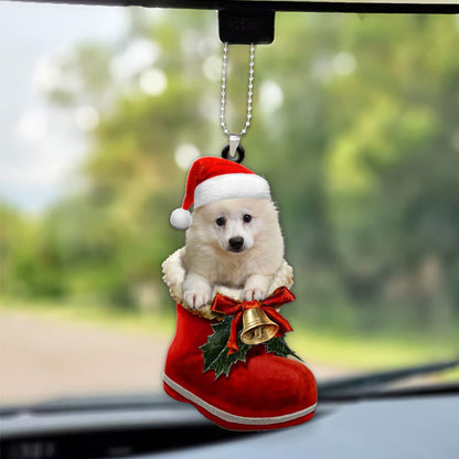 American Eskimo In Santa Boot Christmas Car Hanging Ornament OO1338