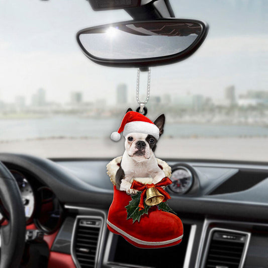 Boston Terrier In Santa Boot Christmas Car Hanging Ornament OO1351