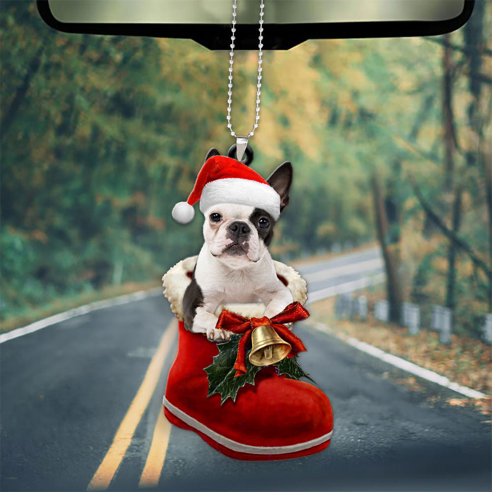 Boston Terrier In Santa Boot Christmas Car Hanging Ornament OO1351