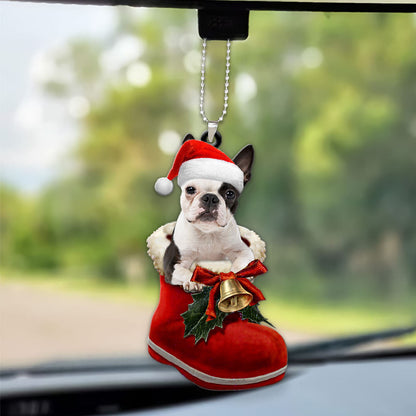 Boston Terrier In Santa Boot Christmas Car Hanging Ornament OO1351