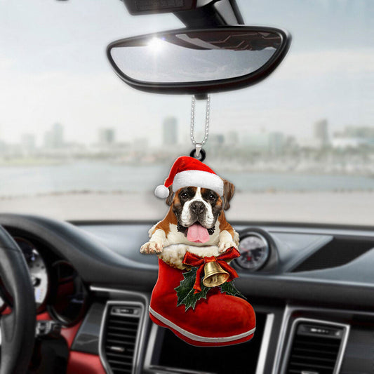 Boxer In Santa Boot Christmas Car Hanging Ornament OO1352