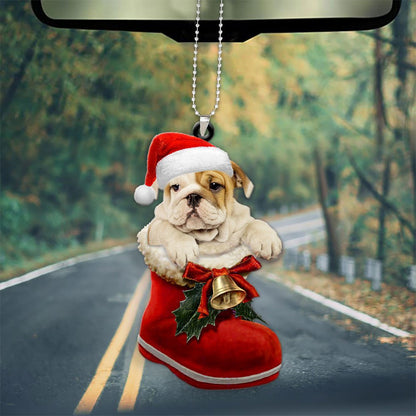 Bulldog In Santa Boot Christmas Car Hanging Ornament OO1355