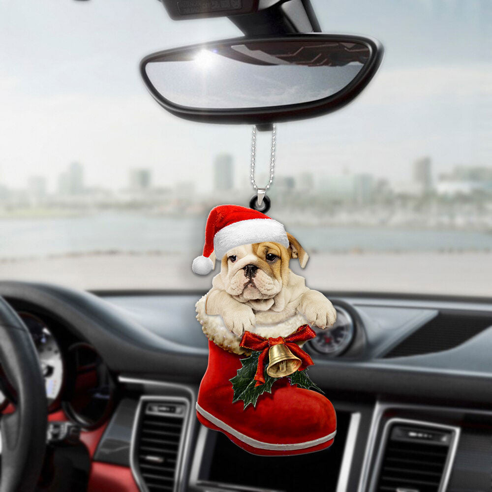 Bulldog In Santa Boot Christmas Car Hanging Ornament OO1355