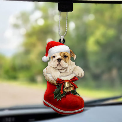 Bulldog In Santa Boot Christmas Car Hanging Ornament OO1355