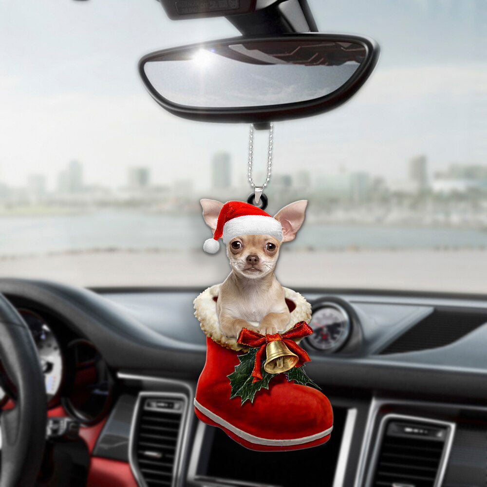 Chihuahua In Santa Boot Christmas Car Hanging Ornament OO1357